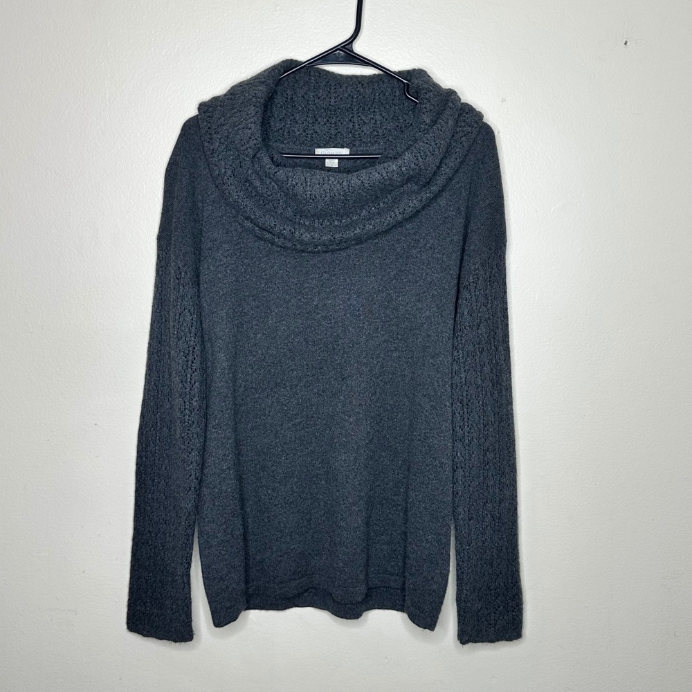 Garnet Hill‎ Sweater Cowl Neck Size M Medium Gray 100% Cashmere Pointelle Sleeve